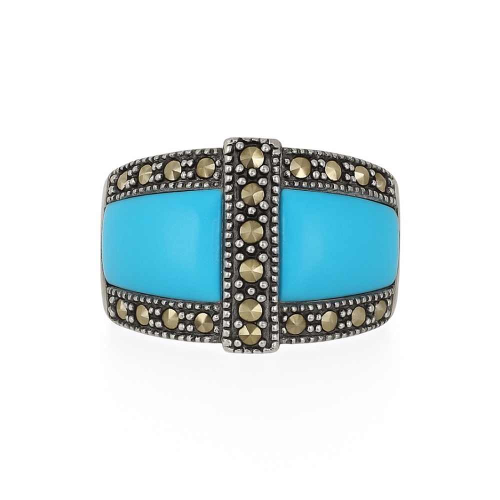 Vintage Turquoise & Marcasite Sterling Silver Statement Ring